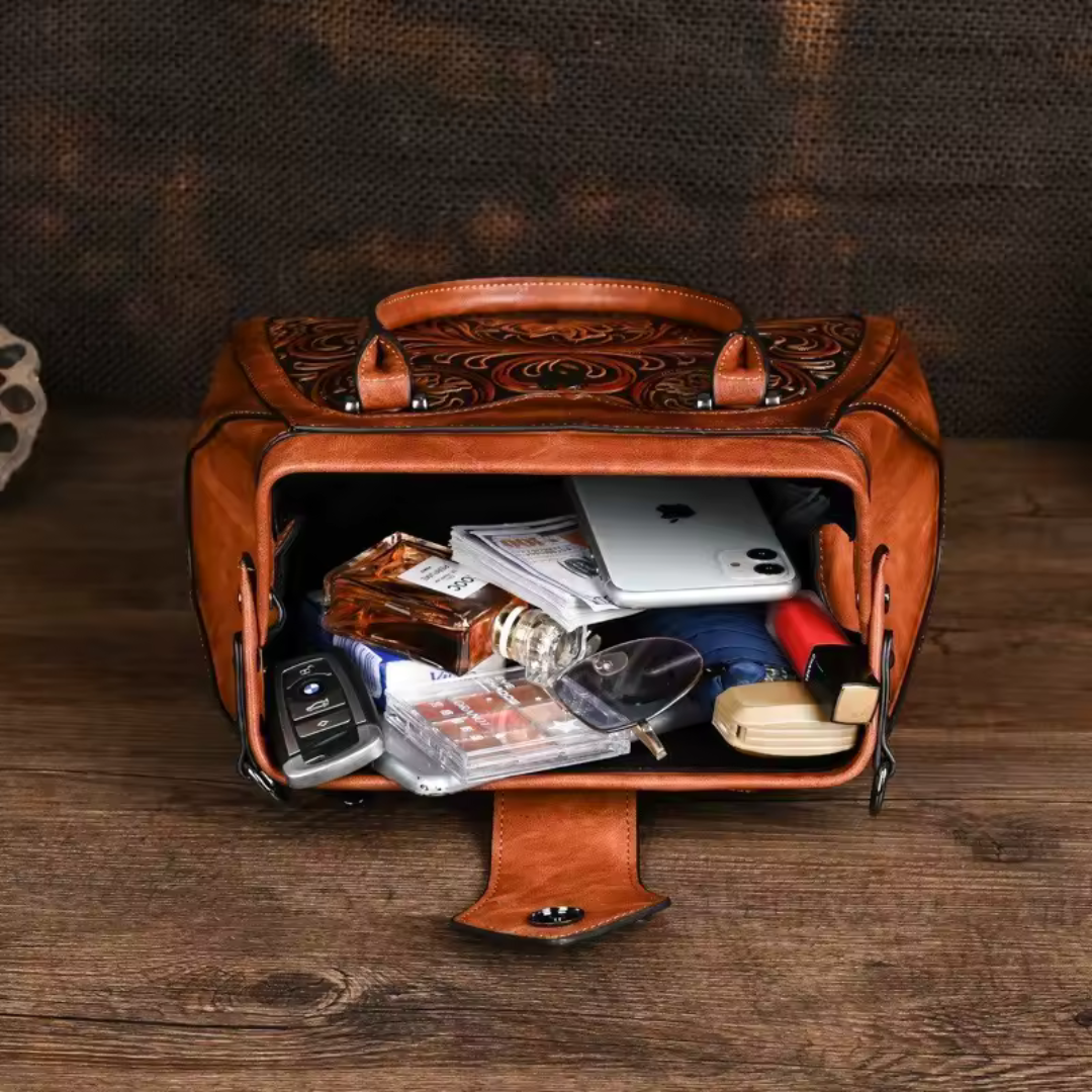 Florino - Gegravierte Lederhandtasche mit Blumenmuster