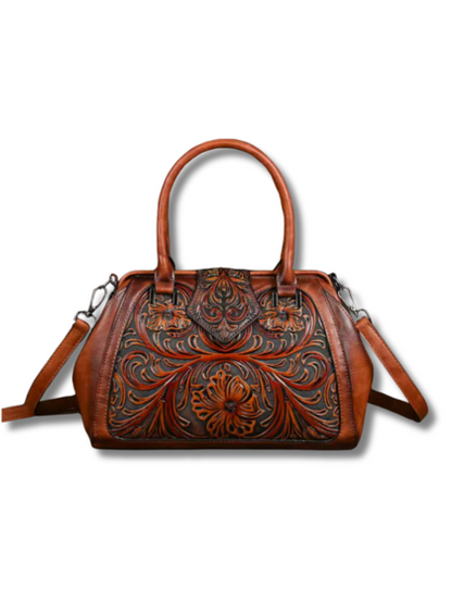 Florino - Gegravierte Lederhandtasche mit Blumenmuster