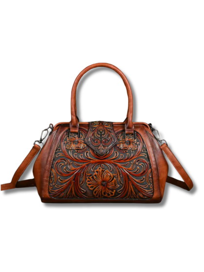Florino - Gegravierte Lederhandtasche mit Blumenmuster