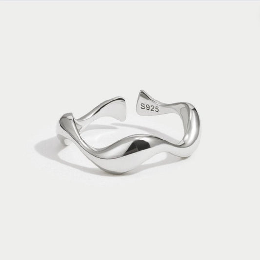 Adjustable Silver Ring with Wave Pattern
